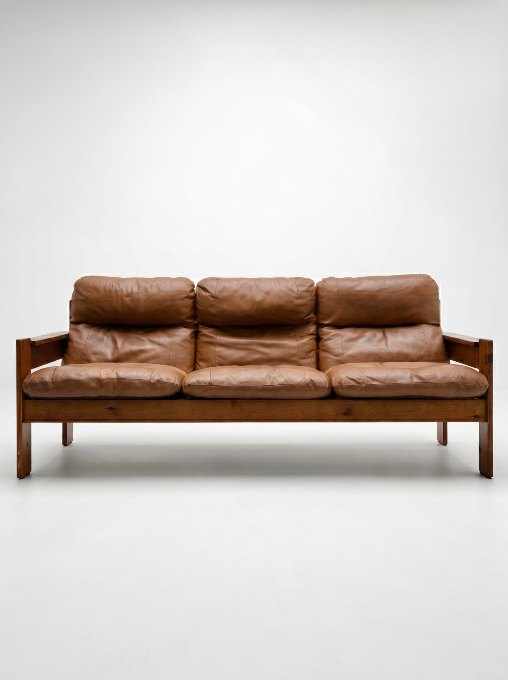 Canapé et fauteuil brutaliste en cuir cognac - 1960 - Miniature 4
