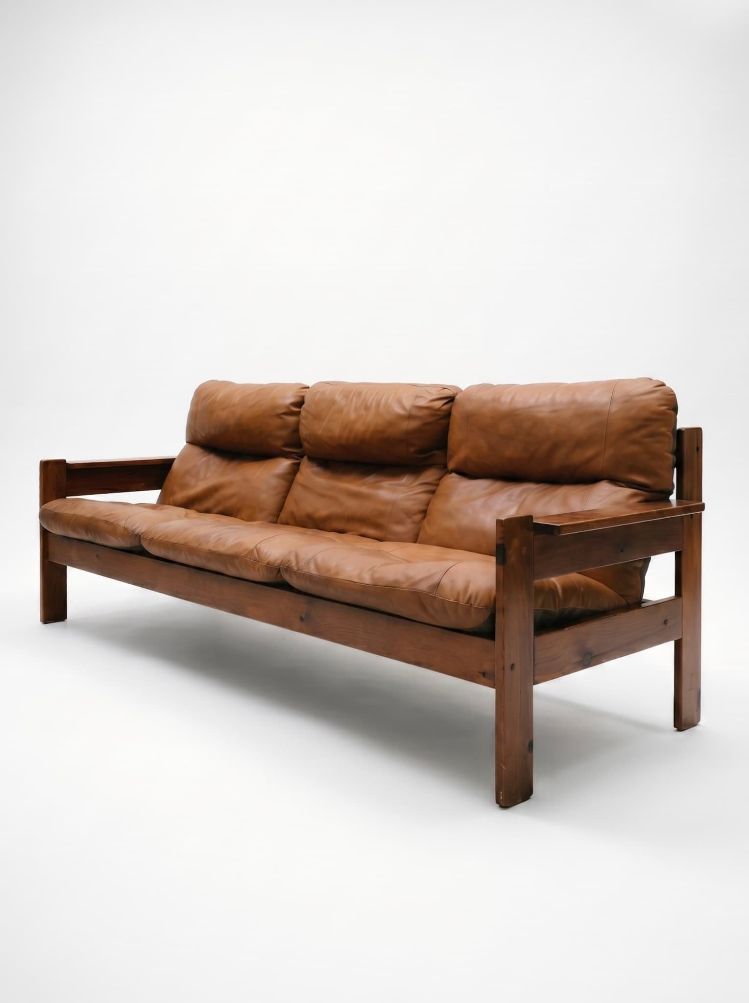 Canapé et fauteuil brutaliste en cuir cognac - 1960 - Miniature 5