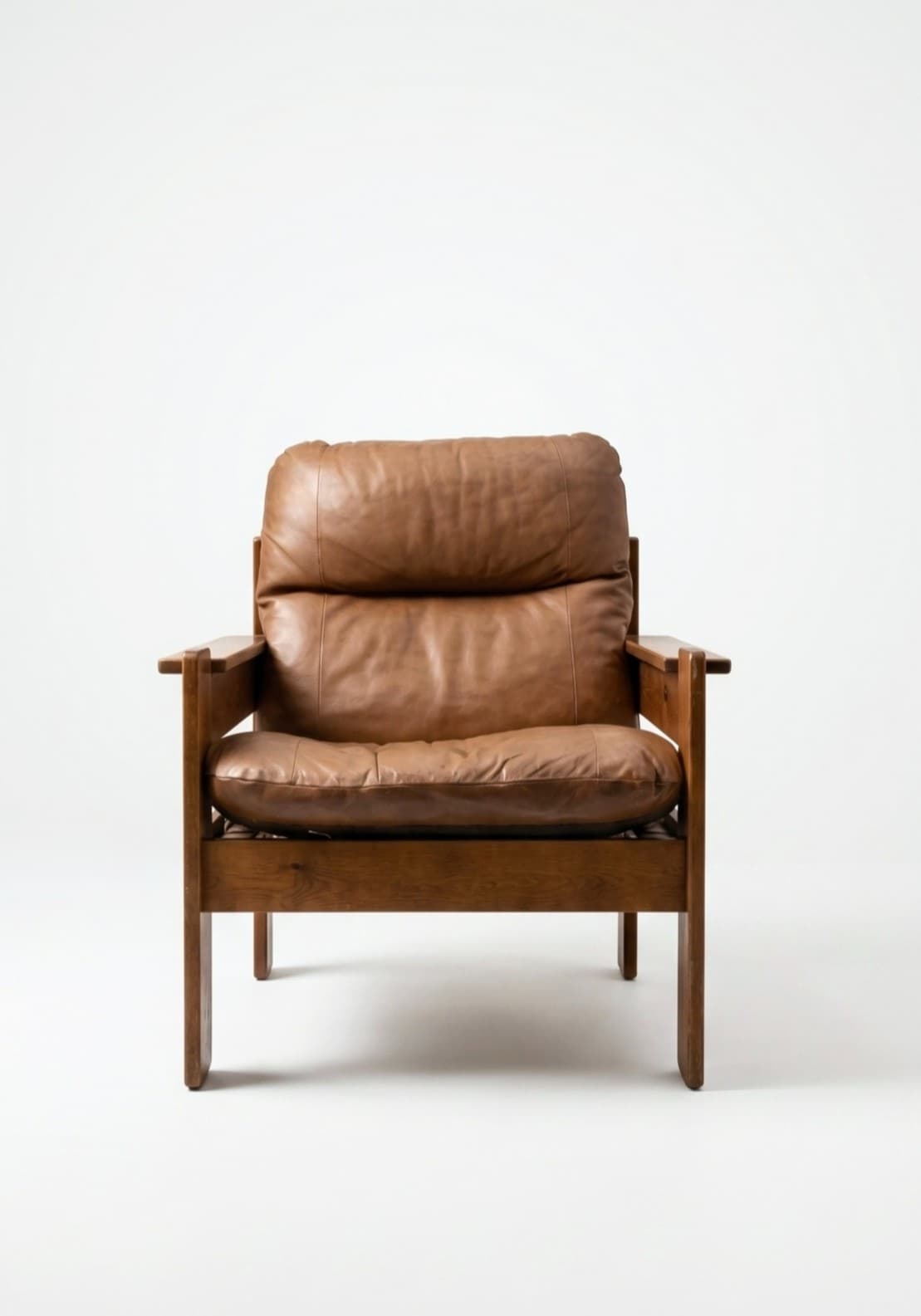 Canapé et fauteuil brutaliste en cuir cognac - 1960 - Miniature 1