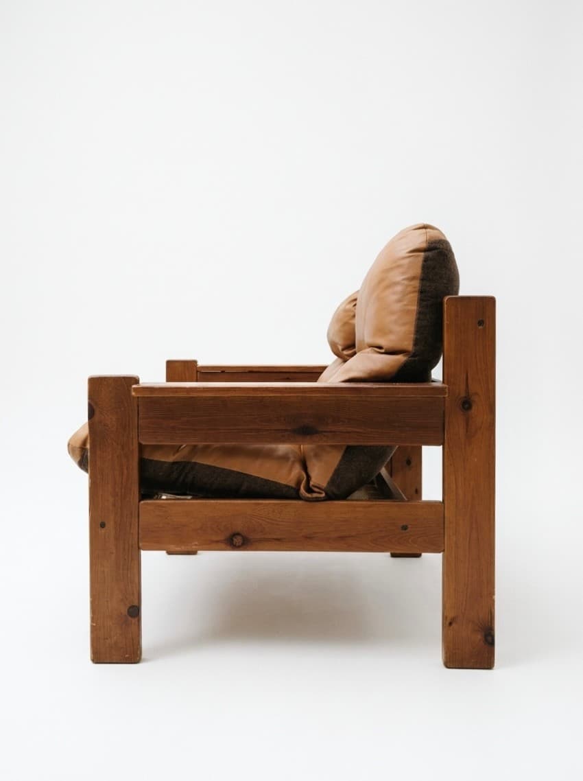 Canapé et fauteuil brutaliste en cuir cognac - 1960 - Miniature 6
