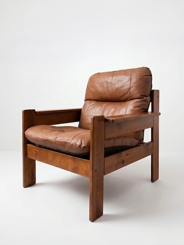 Canapé et fauteuil brutaliste en cuir cognac - 1960 - Miniature 3