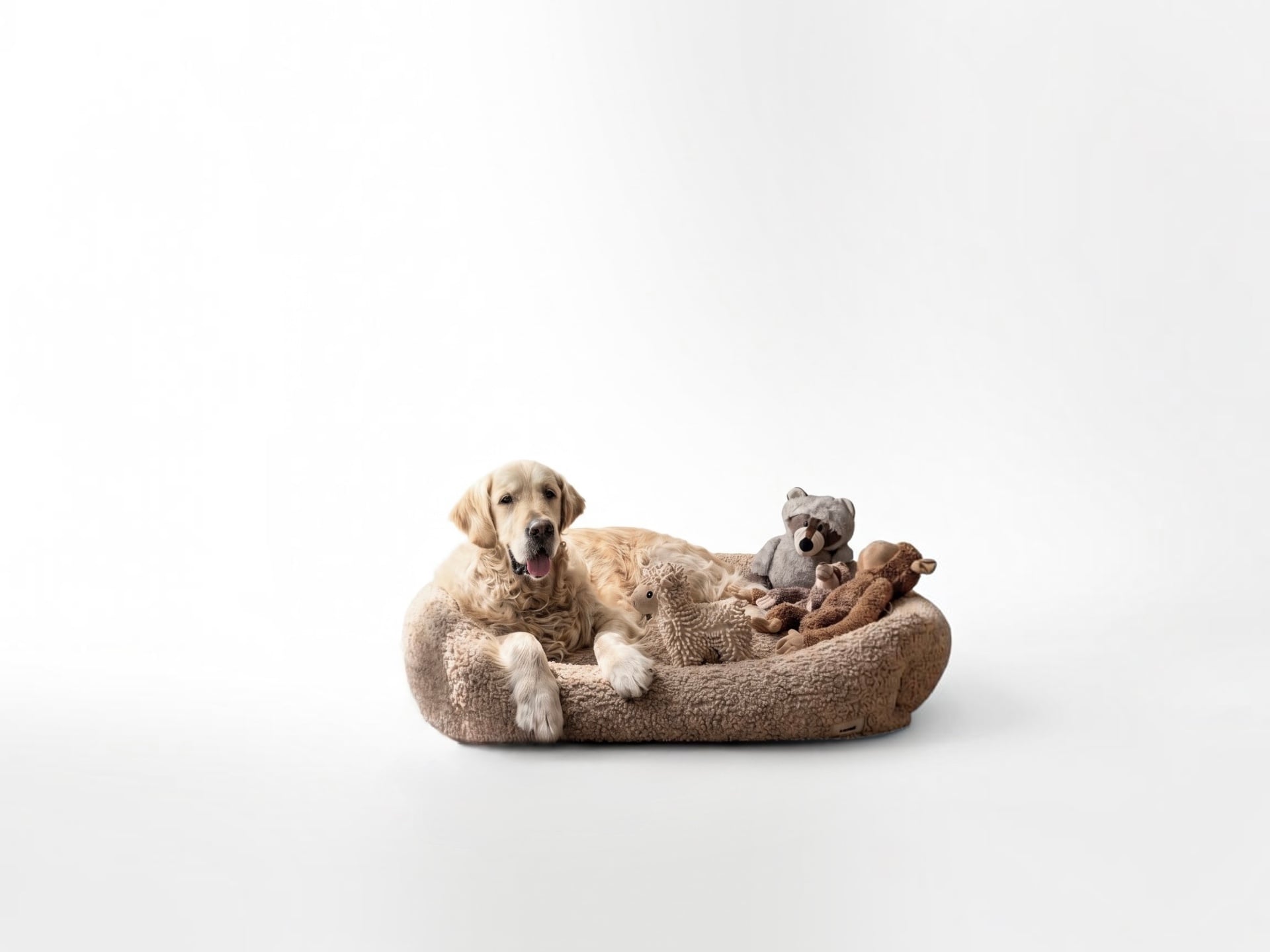 JJ, le golden retriever de Mobilier Particulier, allongé dans son panier entouré de ses peluches